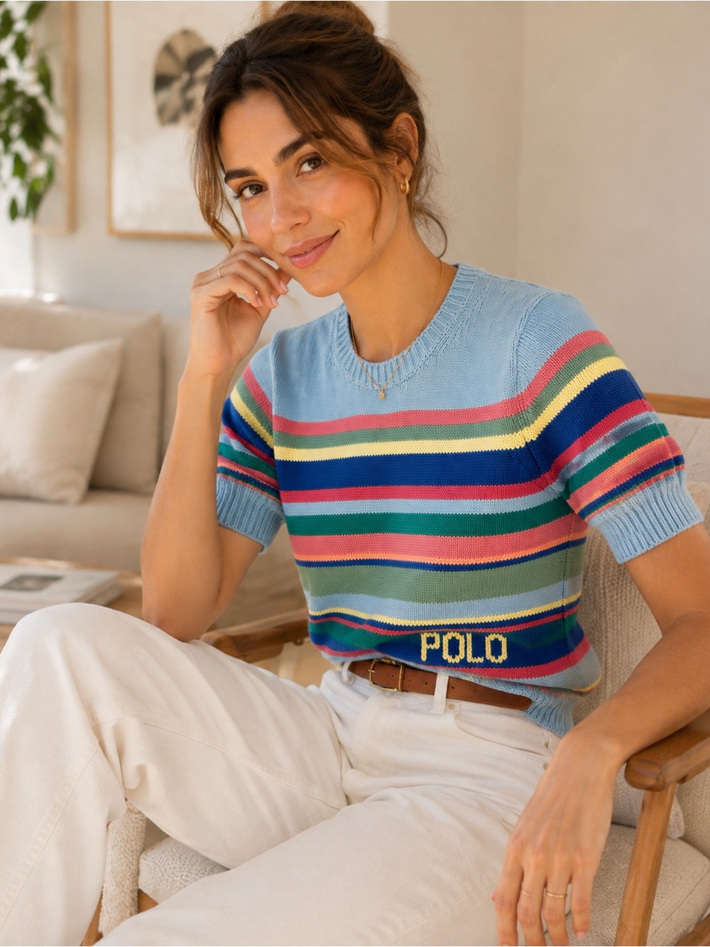 Polo Ralph Lauren Striped Short Sleeve Knit Sweater Top Multicolor